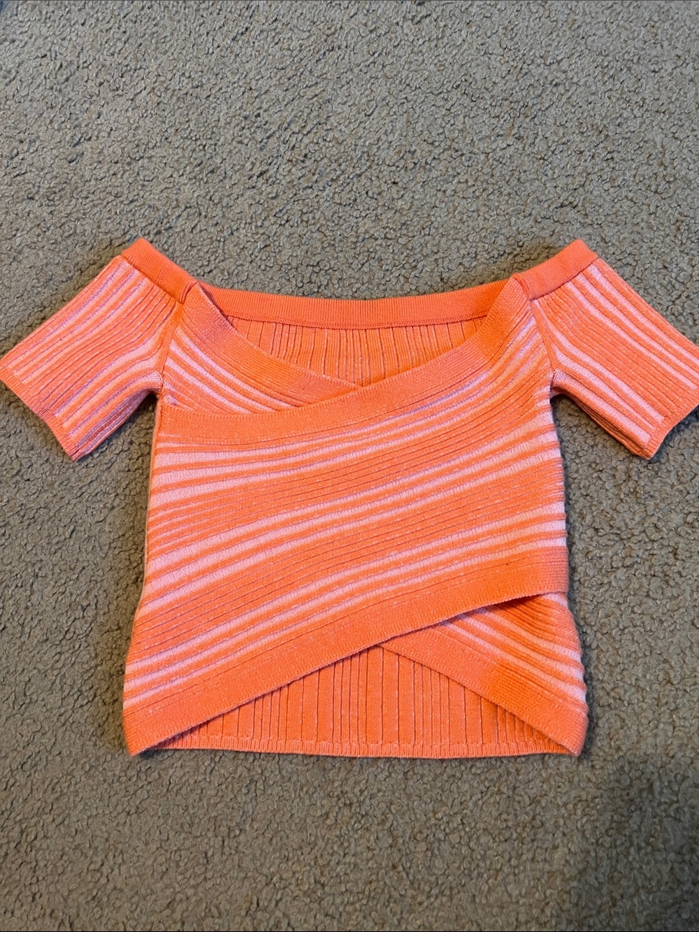 aerie Coral Orange Striped Off-Shoulder Wrap Sweater